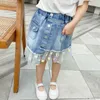 Girls Jean Skirts Holes With Tulle Mesh Flower Baby Girl Denim Toddler Children's Clothes Kids Skirt For 2 4 6 8 9Y