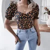 Kvinnors Blusar Shirts Casual Women Floral Chiffon Shirt Lantern Sleeve Square Collar Sexig Top Elastisk Midja Ladies Slim Blouser Pullover