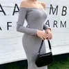 Casual Jurken Y-L Fashion Solid Off Shoulder Breibed Ribbed Midi Dress Dames Elegante Lange Mouw Strapless Bodycon Streetwear