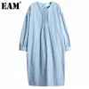 [EAM] Women Blue Pleated Big Size Midi Dress Round Neck Long Sleeve Loose Fit Fashion Spring Autumn 1DD7779 21512