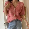 Korejpaa Women Sweater Summer Korean Chic Retro Temperament V-Neck Multi-Pocket Loose Button Short-Sleeved Knitted Cardigan 210526