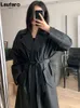 Lautaro Spring Autumn Long Oversized Black Leather Trench Coat för Kvinnor Sashes Single Button Loose Stylish Korean Fashion 211130