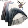 Jupe longue en tulle femmes printemps été dégradé coréen élégant taille haute a-ligne plissée école midi jupes féminines 210608