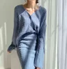 Zawfl Two-Piece Women Strikked Dress Set Elegant Höst Vinter Sweater Klänning Kassäder Långärmad Knapp Pure Kjol Suit 211119