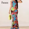 Lady Print Floral Long Boho Bohemian Beach Robe d'été Femmes Sundress Sexy Club Halter Sans Manches Maxi Vintage Robes Robe 210520