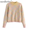 Women's Pink Sweaters Plaid Mujer Crop Tops Femme Knitwears Female Cropped Pullovers Chic Knit Top Vintage Skinny 210604