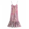 Women Summer Chiffon Print Dress Spaghetti Strap Buttons Ruffles Female Elegant Strapless Dresses Vestidos 210513