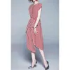 Red Striped O-neck Zipper Short Sleeve Asymmetrical Knee Length Dress Summer Elegant Sash Women D1681 210514