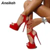 Aneikeh s Summer Style Sexy 16cm Donna Sandali Tacchi alti Open Toe Fibbie Nightclub Party Scarpa Nero Big Size 15 220311