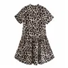 ドレス女性の織り目加工ボタンヒョウの短い女性夏のファッション動物プリント襟付きスリーブレディースES 210519