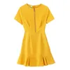 Короткие o шеи a-line rucher mini высокая талия молния желтое платье женское женское летние летние случайный d0999 210514
