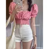 Chic Coreano Verão Doce Sexy Neck Norce Puff Manga Curta Floral Crop Tops Camisas Blusas Blusas Mujer Fashion Gentle 210429