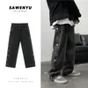 Dubbelsidig sida Knapp Straight Jeans Men Fashion Streetwear Loose Casual Hip Hop Byxor Wide Leg Harajuku Cargo Pants 211108