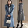 Women's Wool & Blends 2021 Fashion Solid Women Long Woolen Coat Slim Zippers Jacket Pockets Fur Collar Blue Cashmere And