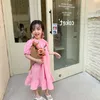 Bebek Kız Elbise Yaz Casual Çocuklar Kız Katı Prenses Vestidos Çocuk Tatlı Kore Tarzı Kostüm 3-7Y Q0716