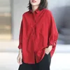 Vårkonst Style Kvinnor Långärmad Loose Solid Shirts All-matchad Casual Turn-down Collar Bomull Red Blouse Plus Size V284 210512