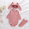 Baby rompers kanin öron hatt strumpor jumpsuits ribbed bomull vanlig bodysuits långärmad spädbarn jumpsuit kläder