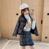 England Plaid Woolen Tweed 2 Women Fringed Trims Short Jacket Coat + Pencil Mini Skirt Set Ladies Two Piece Outfits 210416