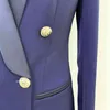 High Street Est designer Blazer Mulheres Leão de Metal Botões Dupla Breasted xaile Colares Long Jacket Navy Azul 210521