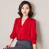 Vrouwen Tops Lente Herfst Kantoor Solid Chiffon Shirt Koreaanse Lange Mouwen Blouses Shirts V-hals Blusas Poplin Blouse 67E 210420