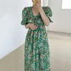 Korejpaa Women Dress Summer Korean Fashion Chic Vintage Floral V Neck Pleated Draw String Waist Slim Long Print Dresses 210526