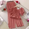 Kimutomo Women Set Clothing Slash Neck Flare Sleeve Ruffles Short Chiffon Top and Elastic High Waist Wide Leg Pants Spring 210521