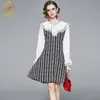 Jesień Zima Dzianina Plaid Sweter Sukienki Kobiety Dorywczo Biuro Lady Flare Rękawy Koronki Patchwork Vestidos 210520