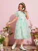 Flickor Peter-Pan Collar Puff Sleeve Allover Floral Print Mesh Overlay Belted Klänning Hon