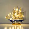 Med LED-ljus Caribbean Black Pearl Segelbåt Trä Segelbåt Model inrednings Tillbehör till Living Room 210.811