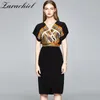 Elegant Ladies Office Drop Shoulder Sleeve V-Neck Female Sexy Color Print Dress Women Slim Split Dresses Vestidos OL 210416