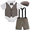 Conjuntos de roupas Baby Boys Gentleman Outfit Infantil Britânico Vintage Criança xadrez Casamento Aniversário Festa de aniversário Presente Suits 4 pcs