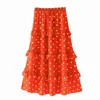 Polka Dot Ruffle Maxi Sala de Saia Longa Femininas Mulheres Verão Cintura Alta Laranja Retro Chique A-Linha Saias Beach Faldas Mujer 210415