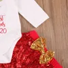 0-24M Weihnachten Baby Mädchen Kleidung Set Brief Deer Strampler Rote Pailletten Bogen Hosen Outfits Weihnachten Kostüme 210515