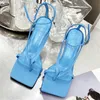 Sandalias Verano Moda Mujer 9 cm Tacones altos Correa Azul Verde Fetiche Sandles Lady Stripper Designer Cross Tie Shoes