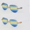 Nuevo Micro-pavimentado Conjunto de diamantes de lujo Mujeres Hombres Gafas de sol Brazos aztecas Gafas de sol sin montura Marco masculino y femenino con moda Lente popular de alta calidad Gafas de oro de 18 quilates