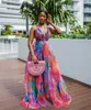 Zomerjurk Sexy Backless Color Block V-hals 2021 Lange jurk Geschikt voor Walking Long Beach Gown XL Afrikaanse vakantiefeest Y1006