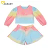 1-6y primavera outono criança criança meninas roupas set tintura tintura longa manga tops shorts roupas criança roupa 210515