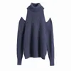 Evfer Höst Mode Lady Off Shoulder Za Blå Stickad Turtleneck Pullover Toppar Kvinnor Casual Långärmad Svart Långtröja Chic Y1110