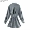 Zevity Femmes Vintage Sexy Dos Nu Brillant Mini Chemise Robe Femme À Manches Longues À Lacets Casual Slim Rétro Robe DS4834 210603