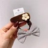 Doce menina bonito desenhos animados flor bb clip moda crianças cor de café xadrez tela floral arco arco de borracha cabelo corda cabelo headwear