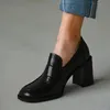 Vestido sapatos mulheres mid bombas outono casual mocassins pu couro plataforma de salto chunky moda quadrado dedo do pé deslizamento em preto calçado feminino