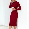 Casual Dresses Slim Sheath Dress Höst Vinter Elegant Office Lady Skinny Långärmad Knapp Bodycon O-Neck to Knee Fall för kvinnor 2021