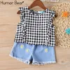 Humour Bear Bear Girls Vêtements d'été Neuf Enfants Dentelle Stripe Girl Tops + Denim Pantalon 2pcs Set Ensemble de vêtements pour bébé X0902