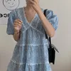 Sommar Korea Chic Casual Fashion V-Neck Lace Stitching Puff Sleeve Slim Dress Women Style Loose Mini 16W1047 210510