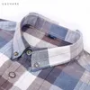 USHARK Camicia a quadri blu Camicie casual a quadretti per uomo Abbigliamento Manica lunga in cotone con bottoni Colletto stile inglese Slim Fit 210603