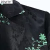Mujeres Vintage Hojas Verdes Impresión Negro Satén Smock Blusa Femenina Fajas Lado Split Camisa Chic Kimono Blusas Tops LS7661 210420