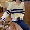 autumn student lapel stripe all-match simple retro knit sweater temperament sweater long-sleeved all-match top female forest 210412