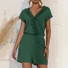 Fashion casual lace rompers womens jumpsuit summer sexy short-sleeved V-neck cross stitching female bodysuits 210508