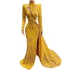 Długie rękawy Wysokiej szyi żółte arabskie suknie wieczorowe Cekiny koronki Afryki Formalne Prom Suknie 2022 Vestido Sirena Largo