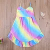 Citgeett Summer Kids Baby Girls Dress Rainbow Printing Sleeveless Button Adjustable Spaghetti Straps Ruffled Hem Tie Dye Clothes Q0716
